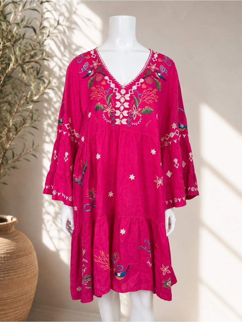 Johnny Was 100% Linen Pink Embroidered Bell Sleeve Boho Dress J34222